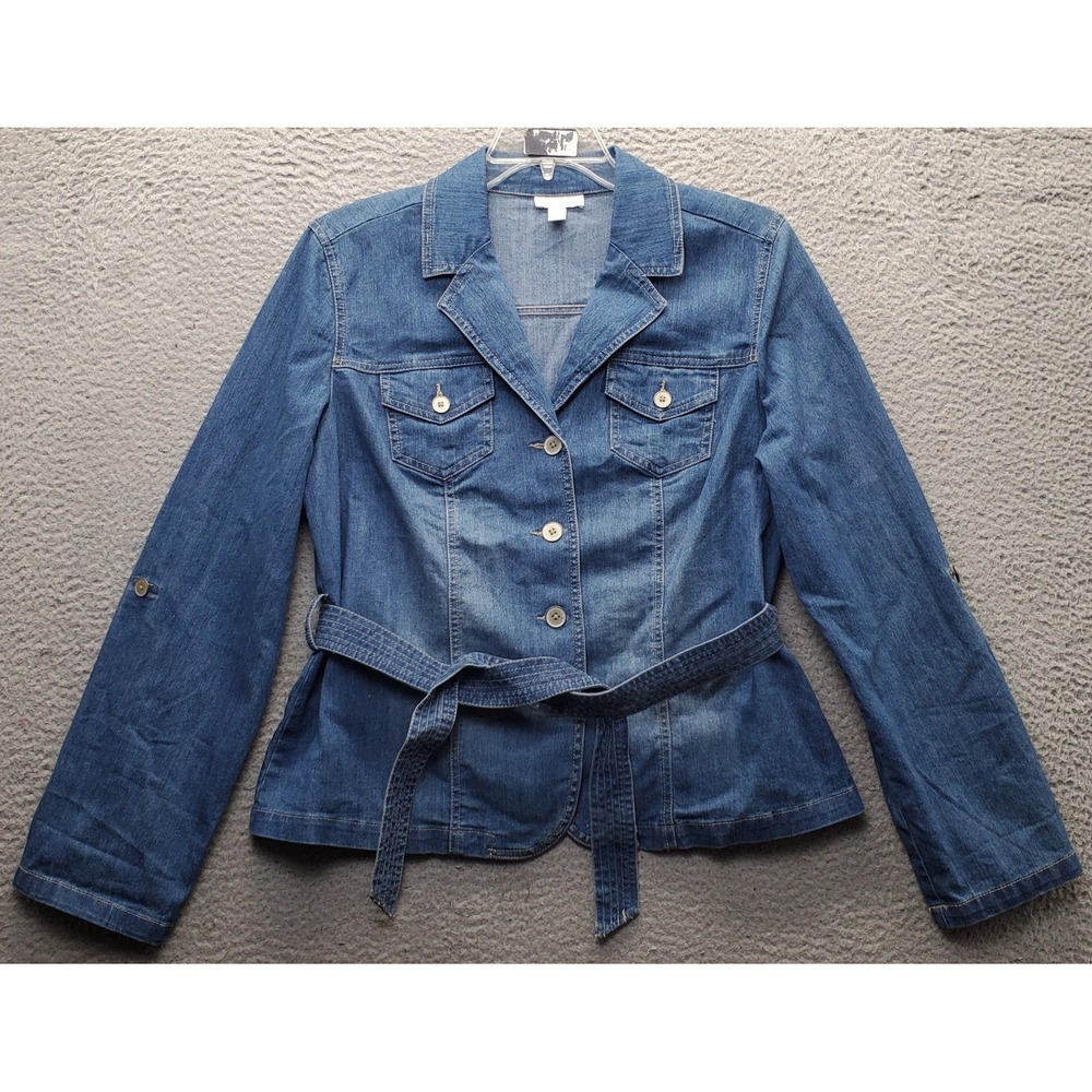 Charter Club Blazer Jacket Womens Large Blue Denim Roll-Tab Sleeve Tie Waist